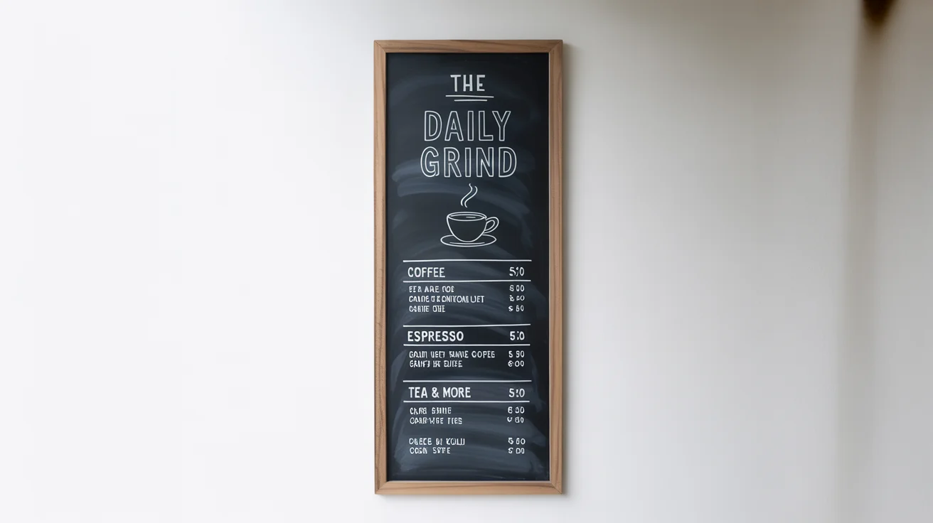 A modern cafe menu board mockup with a light wood frame on a white background. The chalkboard, titled 'THE DAILY GRIND', lists various coffee, espresso, and tea drinks with their prices in a clean chalk font.