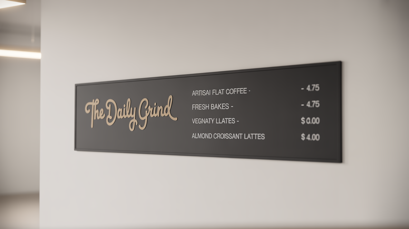 A digital cafe menu board mockup for 'The Daily Grind', featuring a list of coffees and pastries with prices. The design is modern and elegant, set against a clean white background.