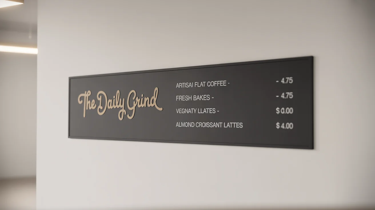 A digital cafe menu board mockup for 'The Daily Grind', featuring a list of coffees and pastries with prices. The design is modern and elegant, set against a clean white background.