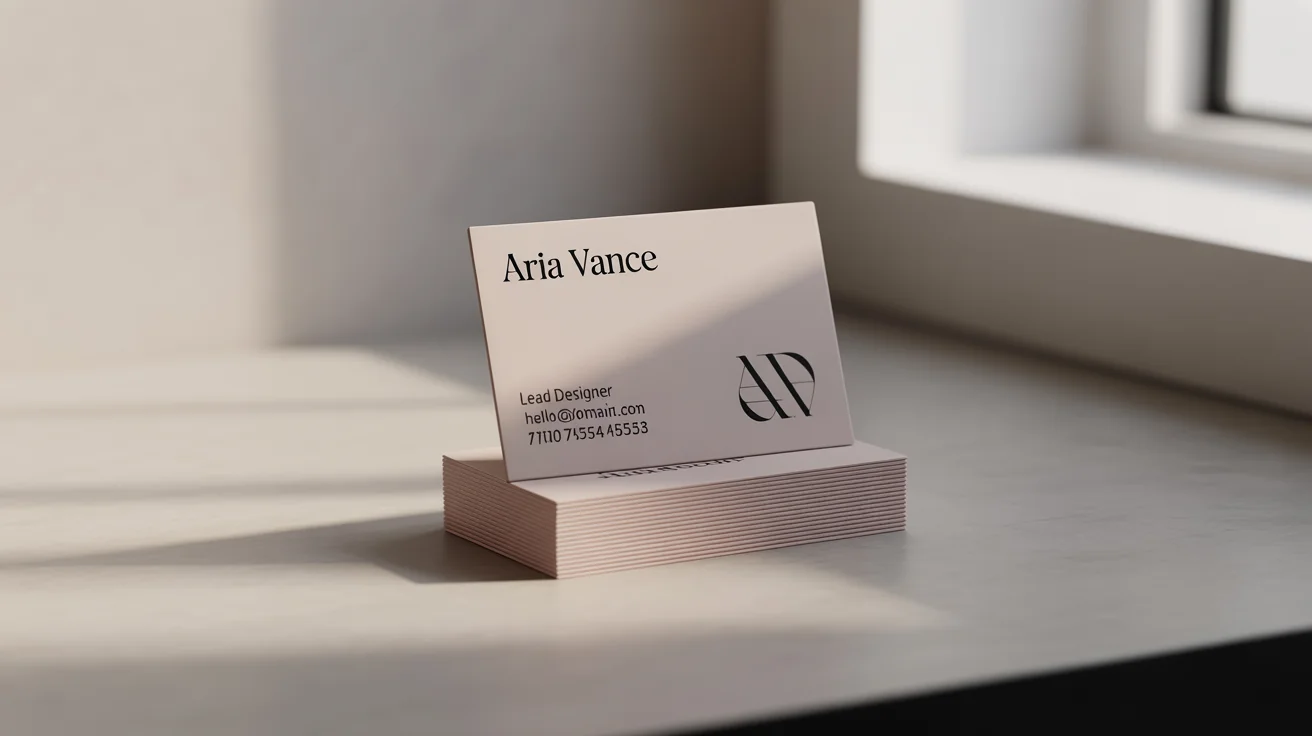 A photorealistic mockup of a professionally designed business card for a lead designer, resting on a clean, modern desk.