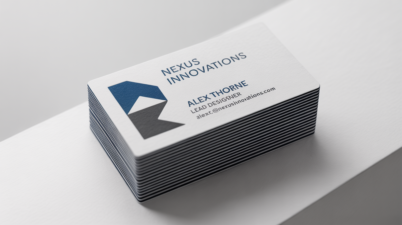 A photorealistic mockup of a stack of professional business cards for 'Nexus Innovations' on a clean white background, with the top card displaying the design and contact information.