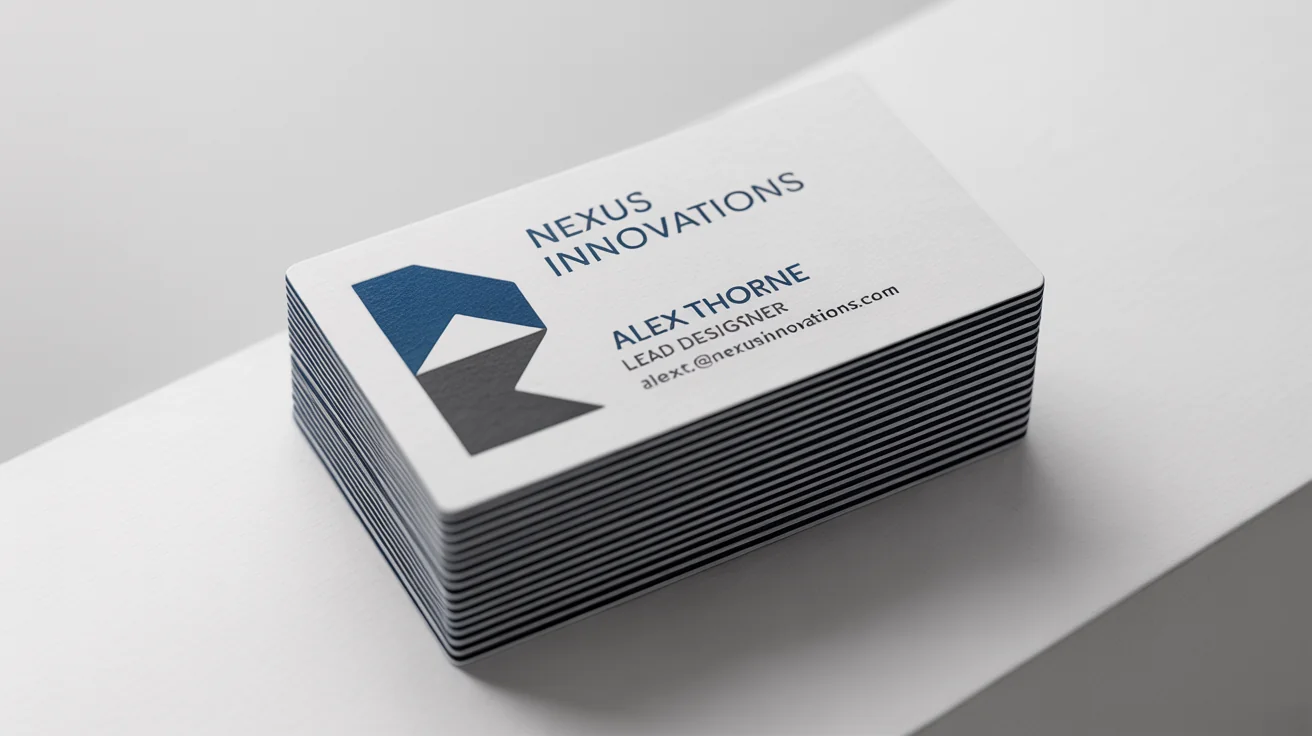 A photorealistic mockup of a stack of professional business cards for 'Nexus Innovations' on a clean white background, with the top card displaying the design and contact information.