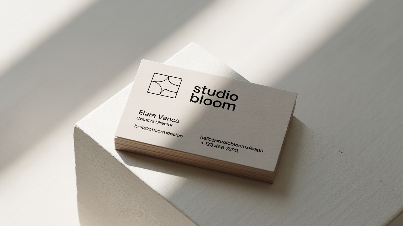 A photorealistic mockup of a modern, minimalist business card for 'Studio Bloom' with the name 'Elara Vance' on a clean white background.