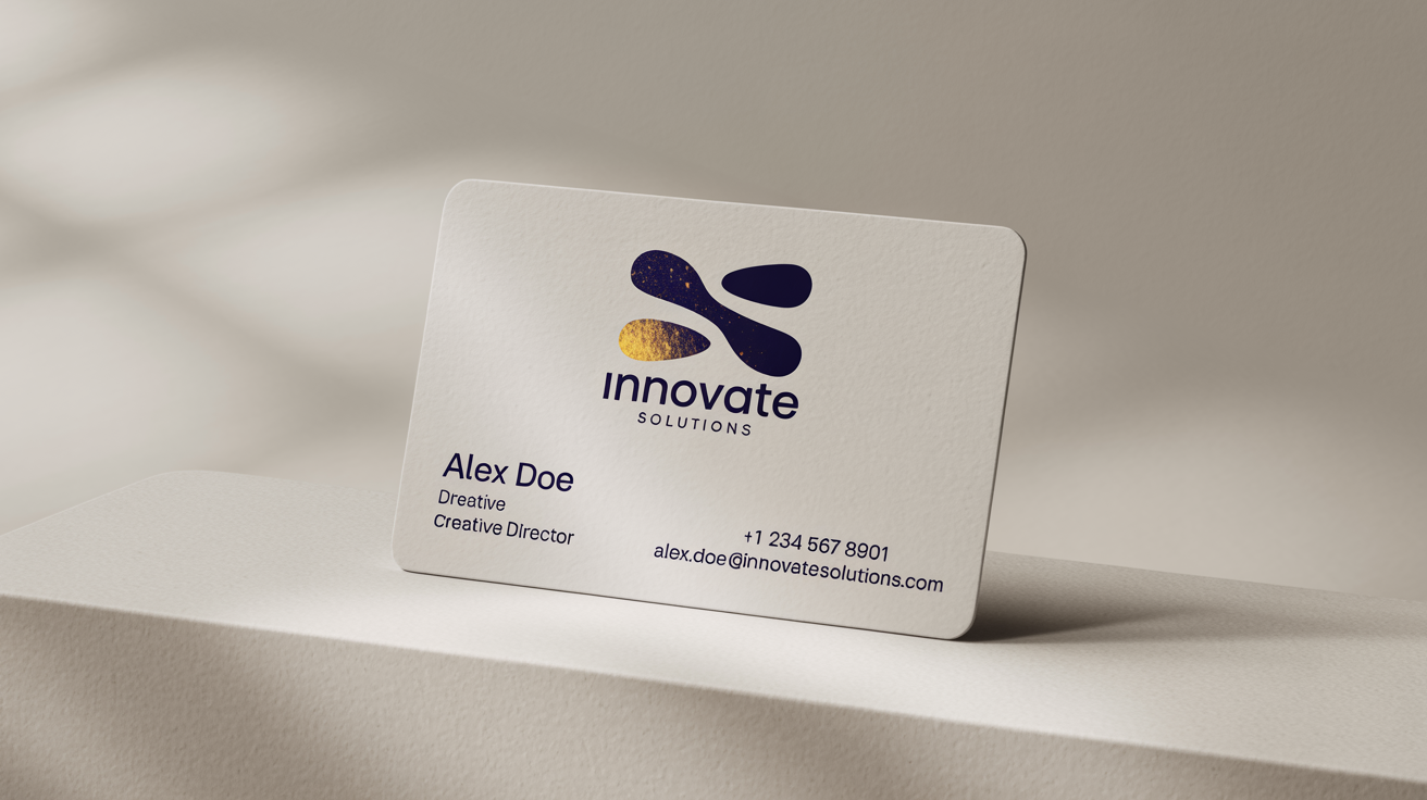A photorealistic mockup of a modern business card for 'Innovate Solutions' with the name 'Alex Doe' on a clean white background.