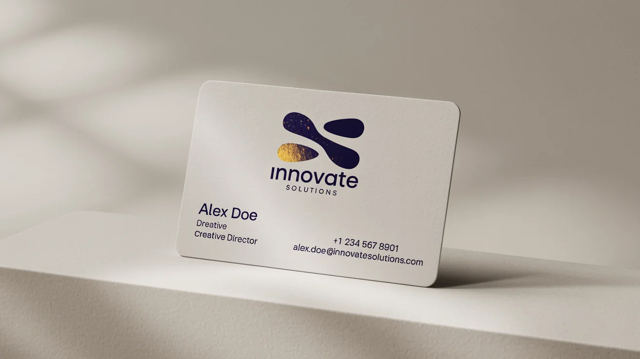 A photorealistic mockup of a modern business card for 'Innovate Solutions' with the name 'Alex Doe' on a clean white background.