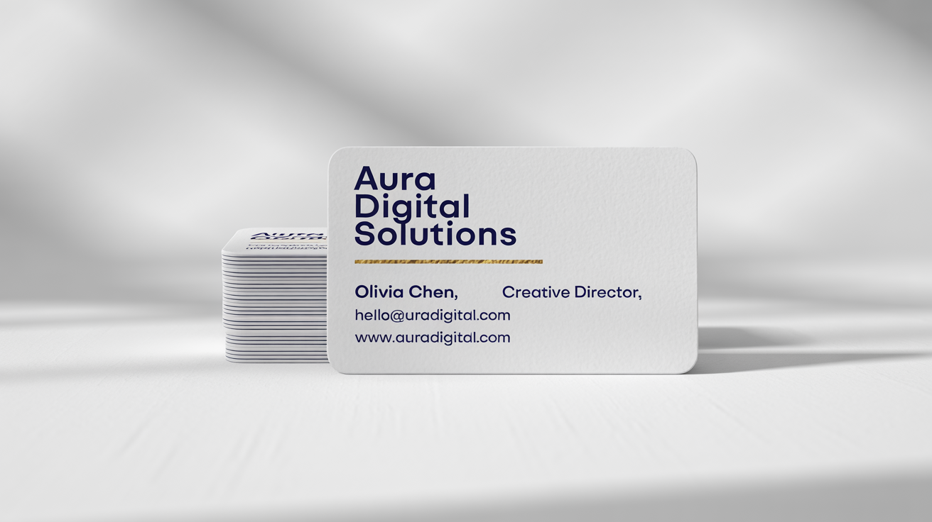 A photorealistic mockup of a modern navy blue and gold business card for 'Aura Digital Solutions', resting on a stack against a white background.