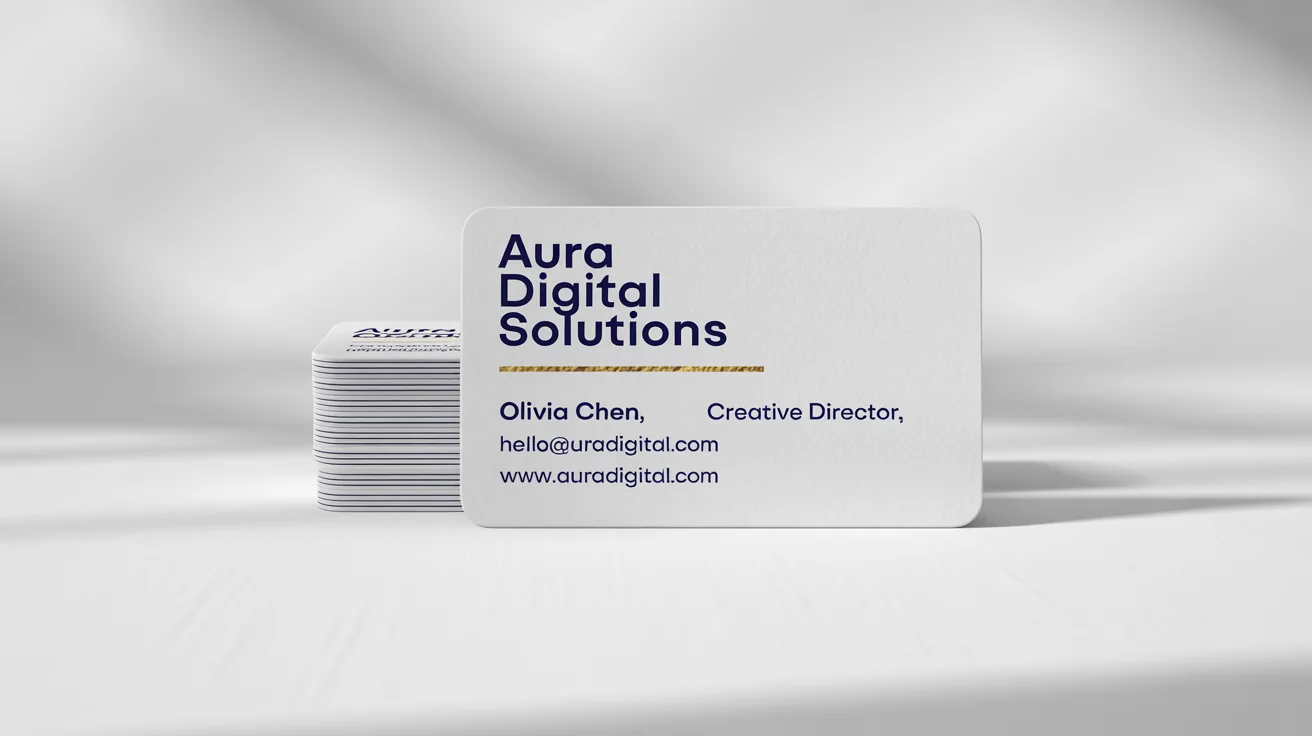 A photorealistic mockup of a modern navy blue and gold business card for 'Aura Digital Solutions', resting on a stack against a white background.