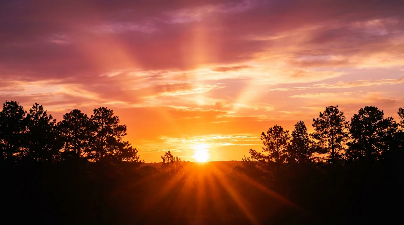 A professionally color-graded photo showing the final result of a sunrise enhancement tool, featuring a vibrant orange and magenta sky above silhouetted trees.