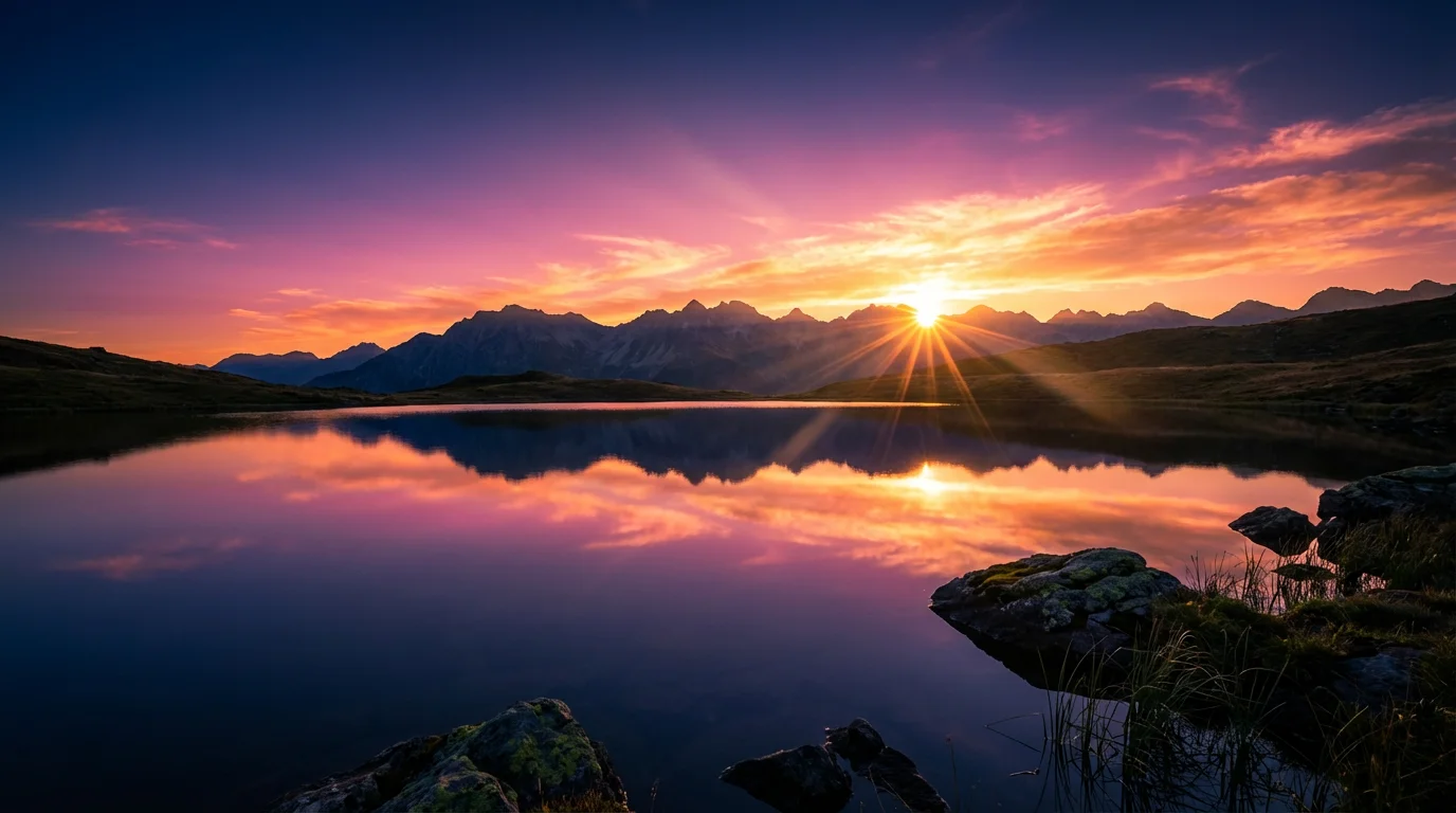 A cinematic, color-graded photograph of a vibrant sunrise over a calm lake, with mountains silhouetted against a sky of orange, magenta, and indigo.