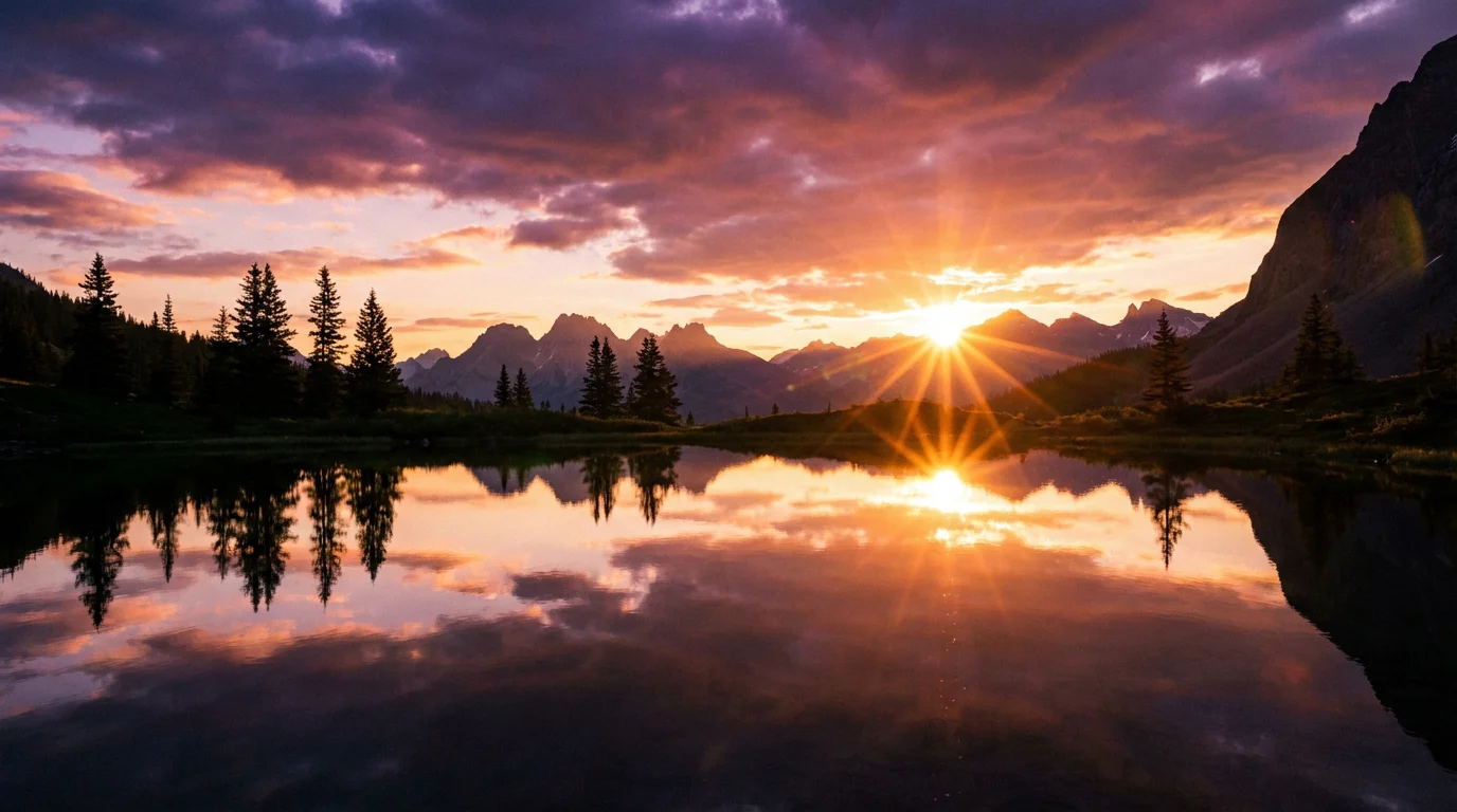 A stunning, professionally color-graded photograph of a sunrise over a mountain range, with the vibrant orange and purple sky perfectly reflected in a still lake.