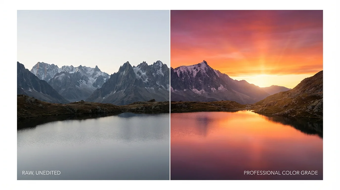 A split-screen image demonstrating color grading. The left side shows a dull sunrise over mountains and a lake. The right side shows the same scene, but with vibrant, rich orange and pink colors, showcasing the 'after' effect of color grading.