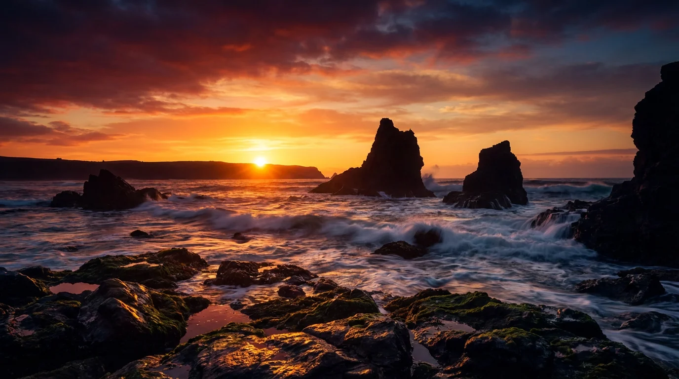 A dramatic coastal sunrise with intensely vibrant, professionally color-graded hues of orange, magenta, and gold reflecting on the ocean waves and wet rocks.