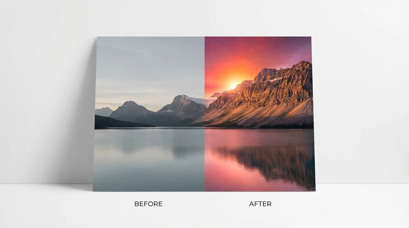 A split-screen comparison of a mountain landscape at sunrise. The left side shows the photo with muted, flat colors, and the right side shows the same photo after being color-graded with vibrant, dramatic oranges, pinks, and golds.