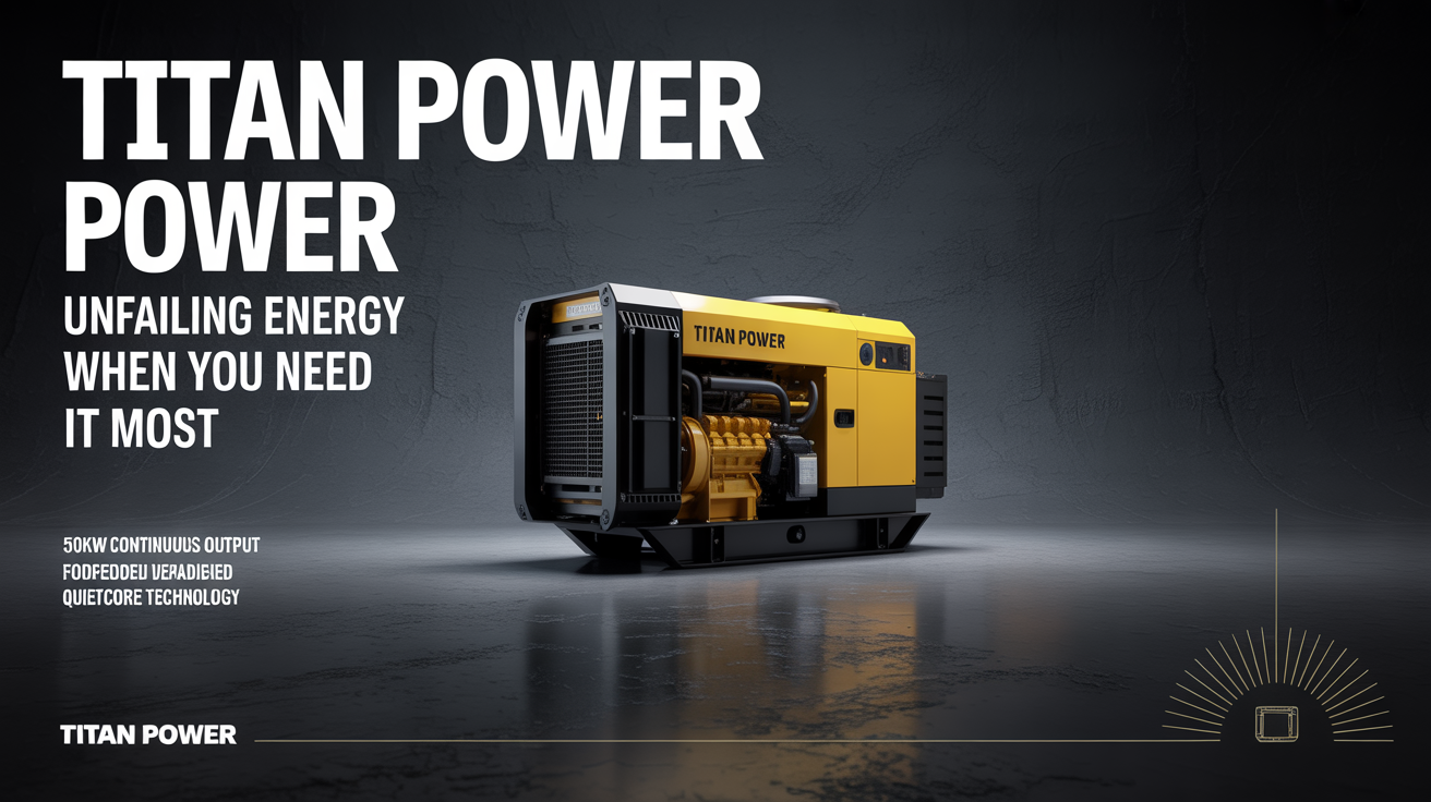A professionally designed commercial poster for a 'TITAN POWER' diesel generator, featuring a large yellow and black generator against a dark background with text highlighting its power and reliability.