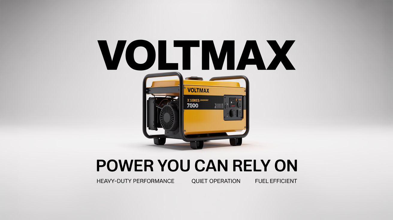 A professional poster mockup for a 'VOLTMAX' diesel generator, model 'X-SERIES 7500'. The poster features a yellow and black generator and text that reads 'POWER YOU CAN RELY ON'.