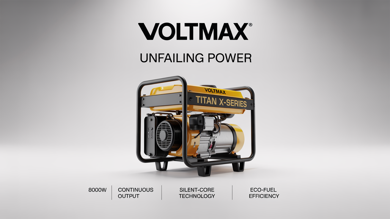 A professional poster for a 'VOLTMAX' diesel generator, model 'TITAN X-SERIES'. The poster features a large image of the yellow and black generator and lists its key features against a white background.