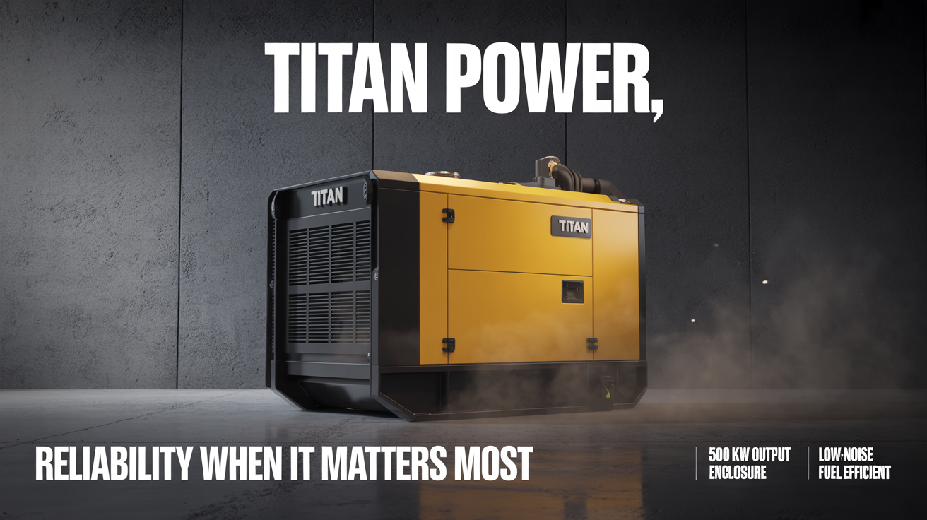 A commercial poster mockup for a 'TITAN POWER' diesel generator. The poster shows a modern yellow and black generator on a dark concrete background with the tagline 'RELIABILITY WHEN IT MATTERS MOST'.