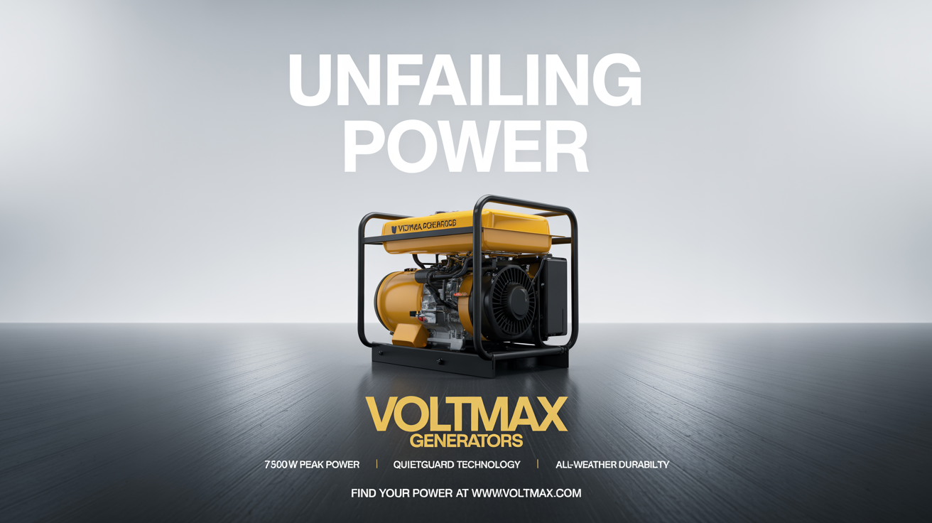 A professionally designed poster for 'Voltmax Generators', featuring a yellow and black diesel generator on a dark background. The poster has the headline 'Unfailing Power' and is displayed against a white background.