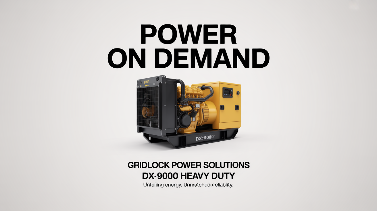 An advertising poster mockup for a 'GRIDLOCK POWER SOLUTIONS' diesel generator. The poster features a yellow and black generator with the headline 'POWER ON DEMAND' against a white background.