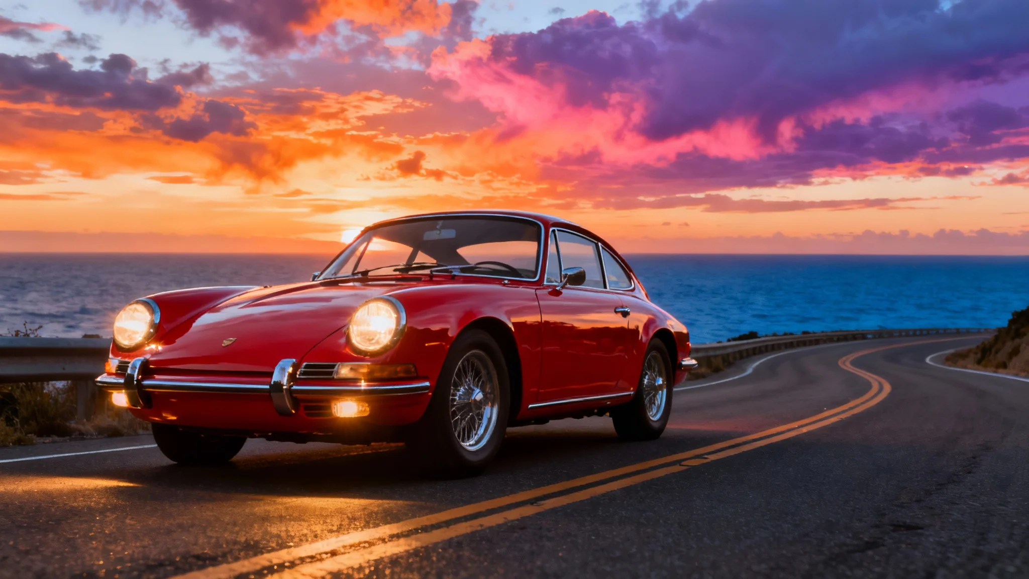 A cinematic, ultra-realistic 16:9 image of a vintage red sports car on a coastal road during a vibrant sunset, representing a finished design for a classic car background.