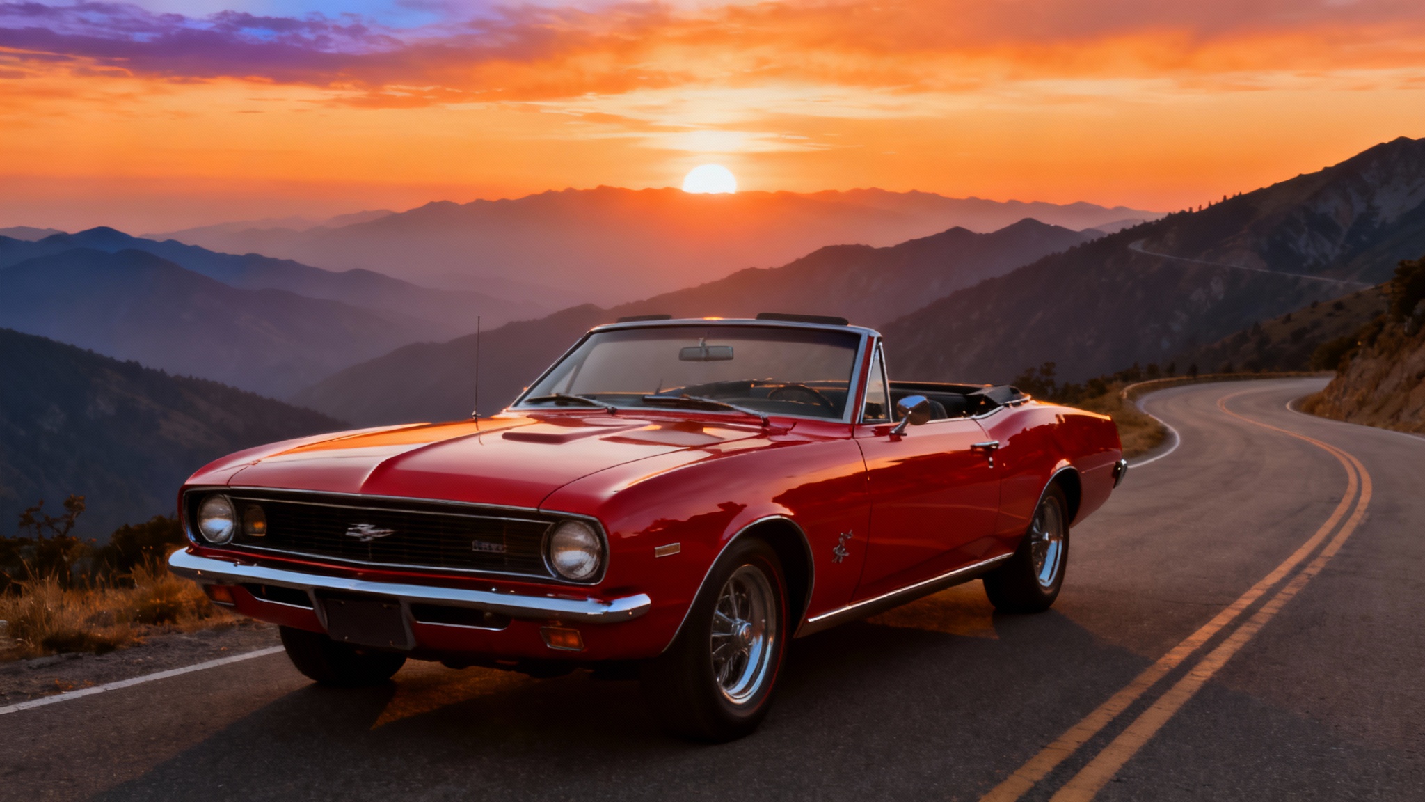 A photorealistic image of a classic red convertible parked on a winding mountain road, set against the backdrop of a beautiful sunset.