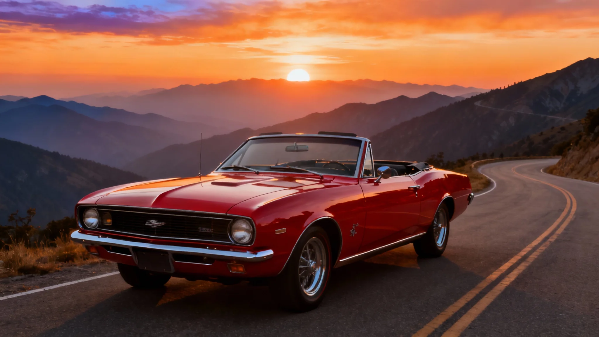 A photorealistic image of a classic red convertible parked on a winding mountain road, set against the backdrop of a beautiful sunset.
