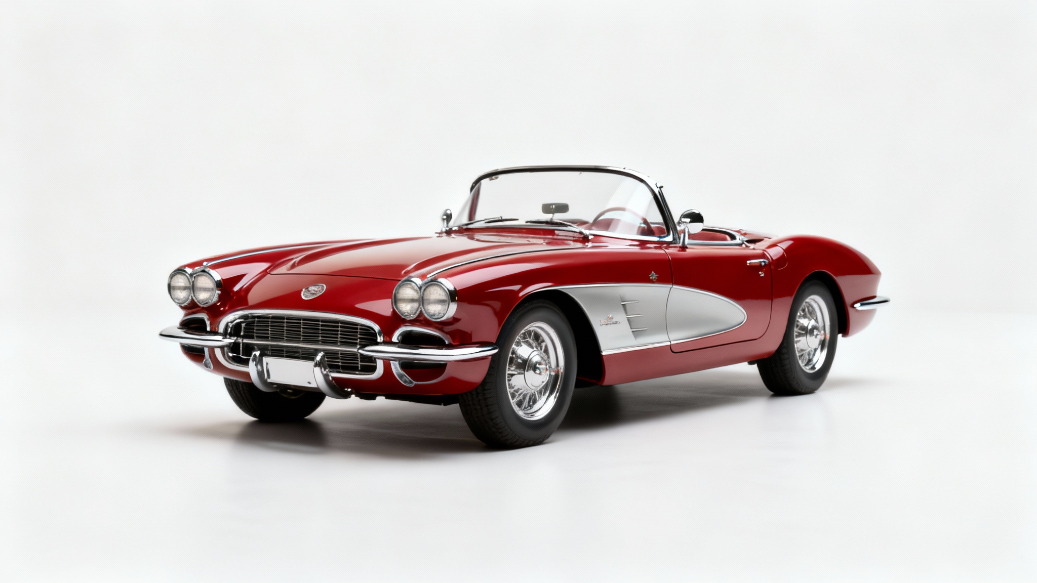A photorealistic studio shot of a classic cherry red convertible from the 1950s, positioned at an angle against a clean white background.