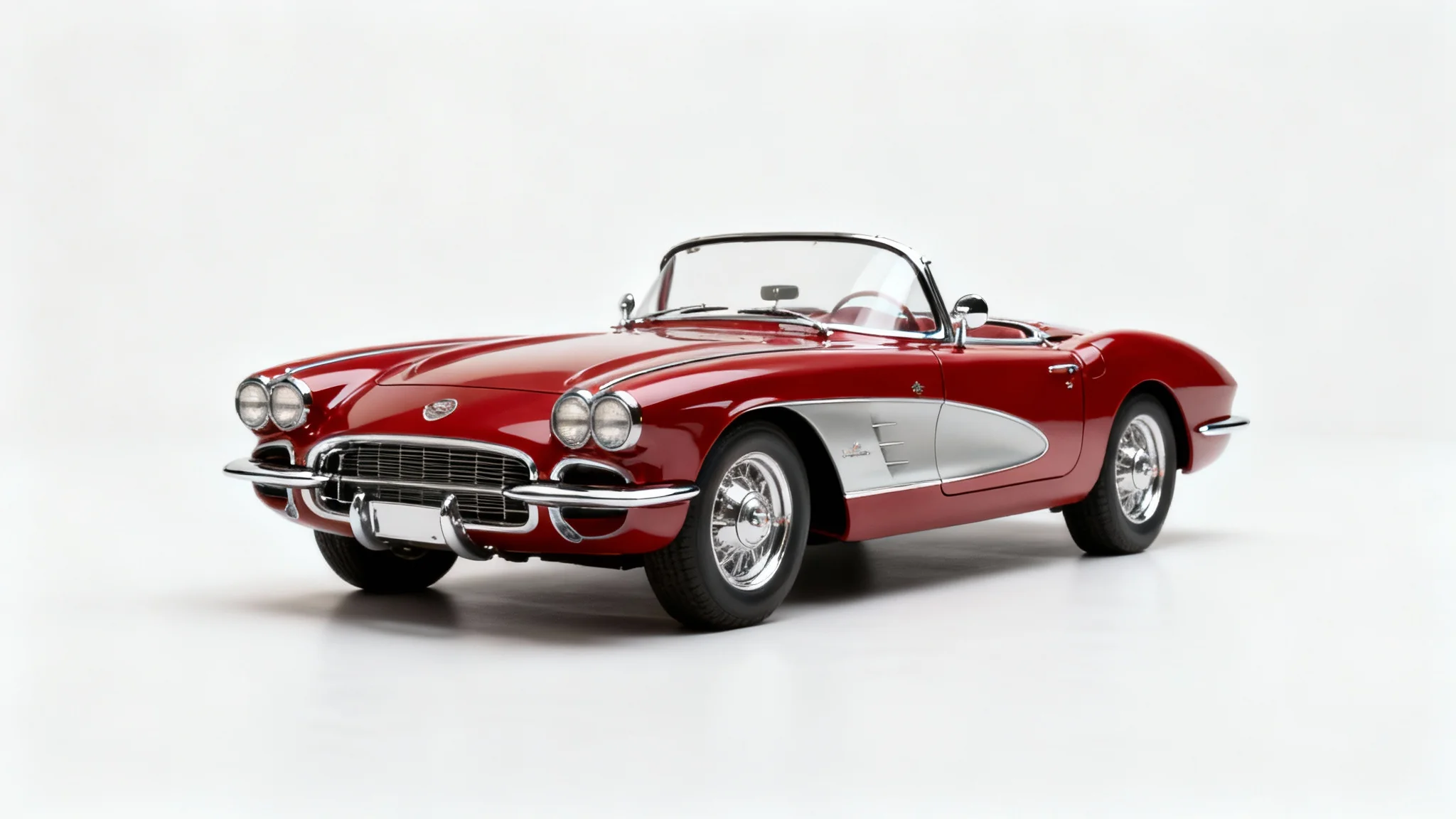 A photorealistic studio shot of a classic cherry red convertible from the 1950s, positioned at an angle against a clean white background.