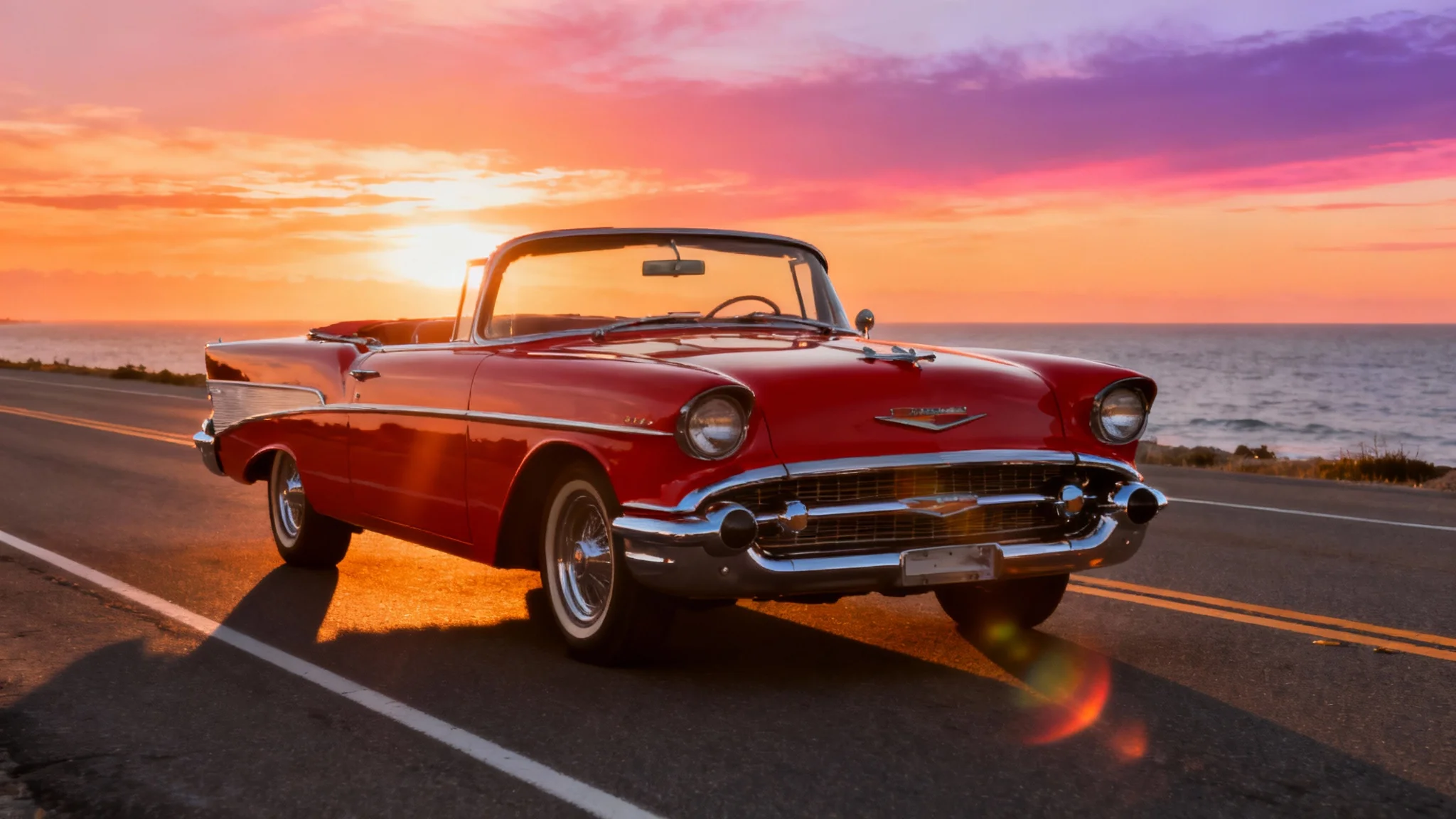 A photorealistic image of a classic cherry-red convertible parked on a picturesque coastal road at sunset, serving as a beautiful background.