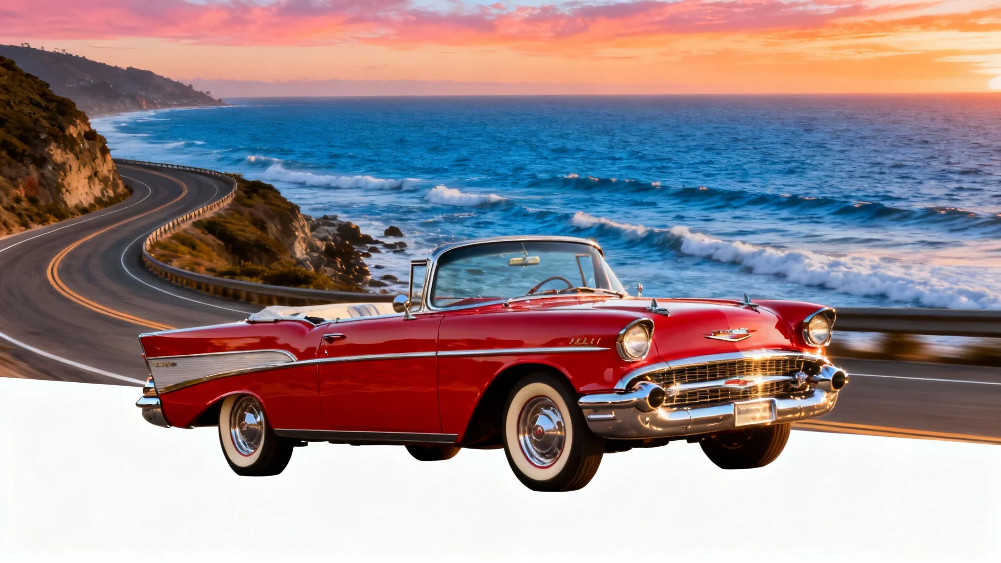 A vintage cherry red convertible from the 1950s drives along a scenic coastal road during a beautiful sunset, presented as a high-quality background image mockup.