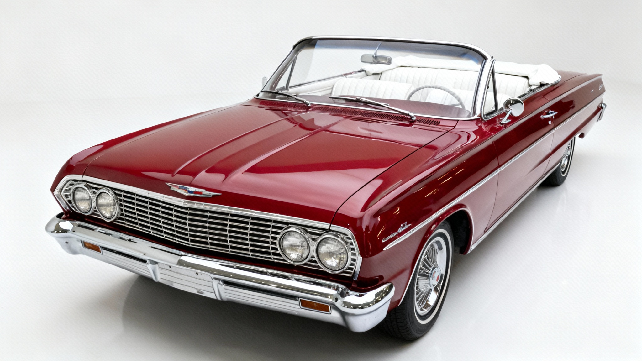 A photorealistic image of a classic, cherry-red 1965 Ford Mustang convertible with a white interior, shot in a professional studio against a solid white background.