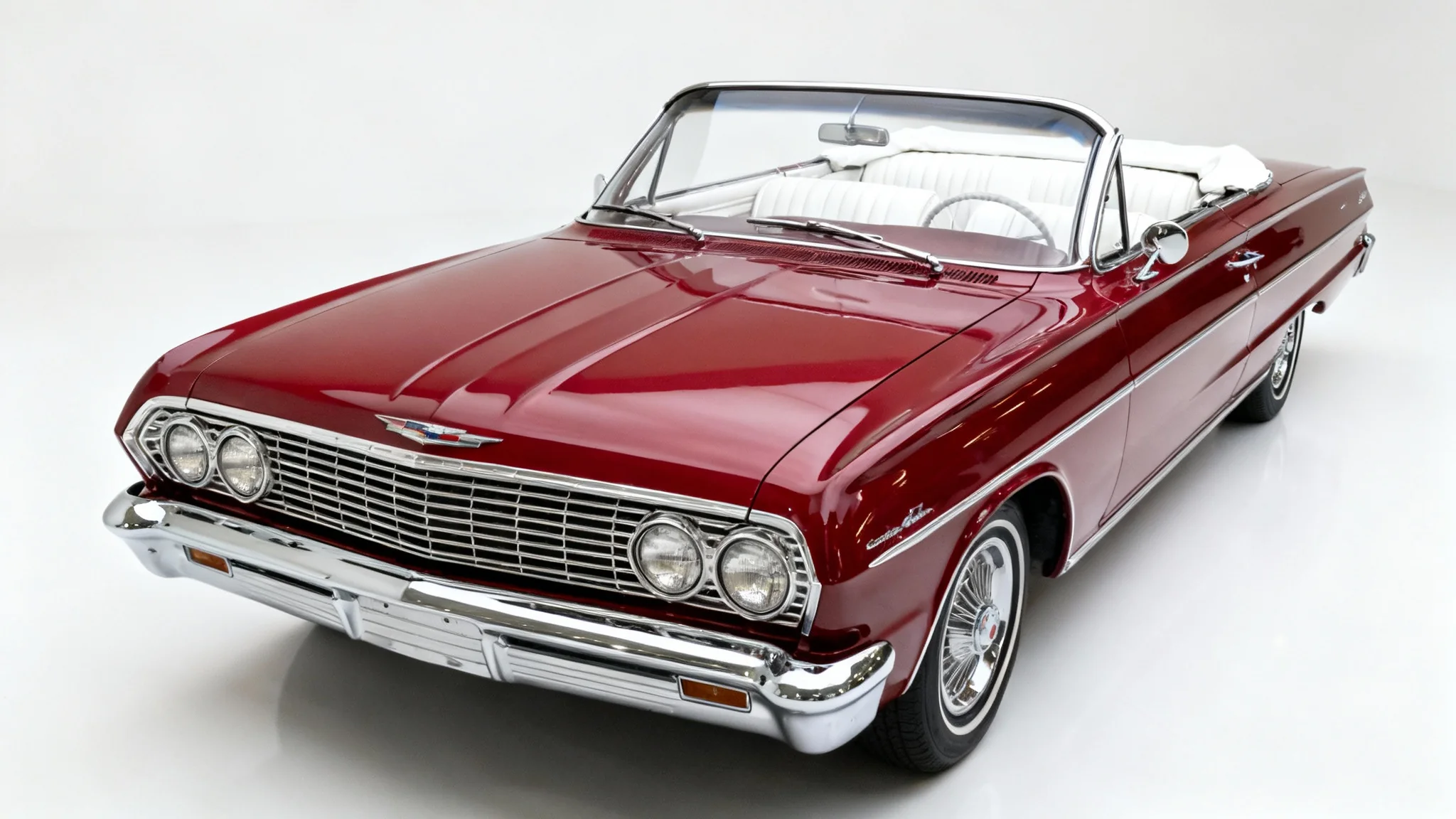 A photorealistic image of a classic, cherry-red 1965 Ford Mustang convertible with a white interior, shot in a professional studio against a solid white background.