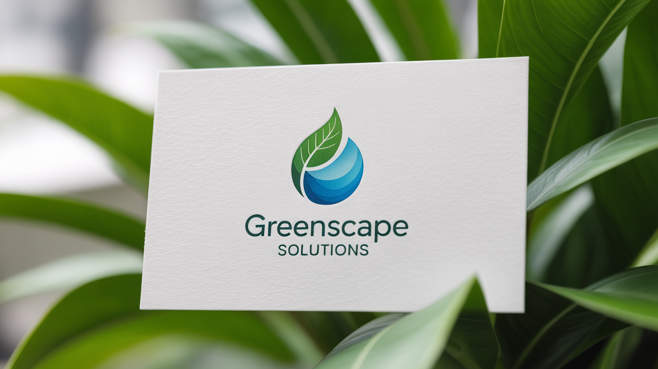 A professional logo for an environmental company named 'GreenScape Solutions,' featuring a green leaf and blue water droplet, displayed on a business card mockup against a clean background.