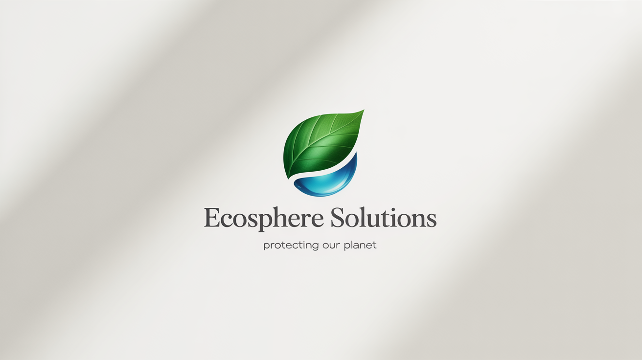 A professional logo for an environmental services company called 'EcoSphere Solutions'. The design features a green leaf combined with a blue water drop, with the tagline 'Protecting Our Planet' underneath.