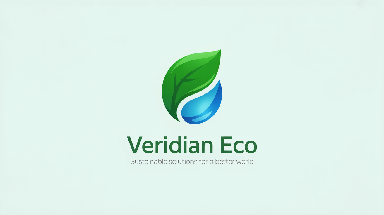 A logo for an environmental services company named 'Veridian Eco', featuring a minimalist icon of a green leaf merging with a blue water droplet, set against a clean white background.