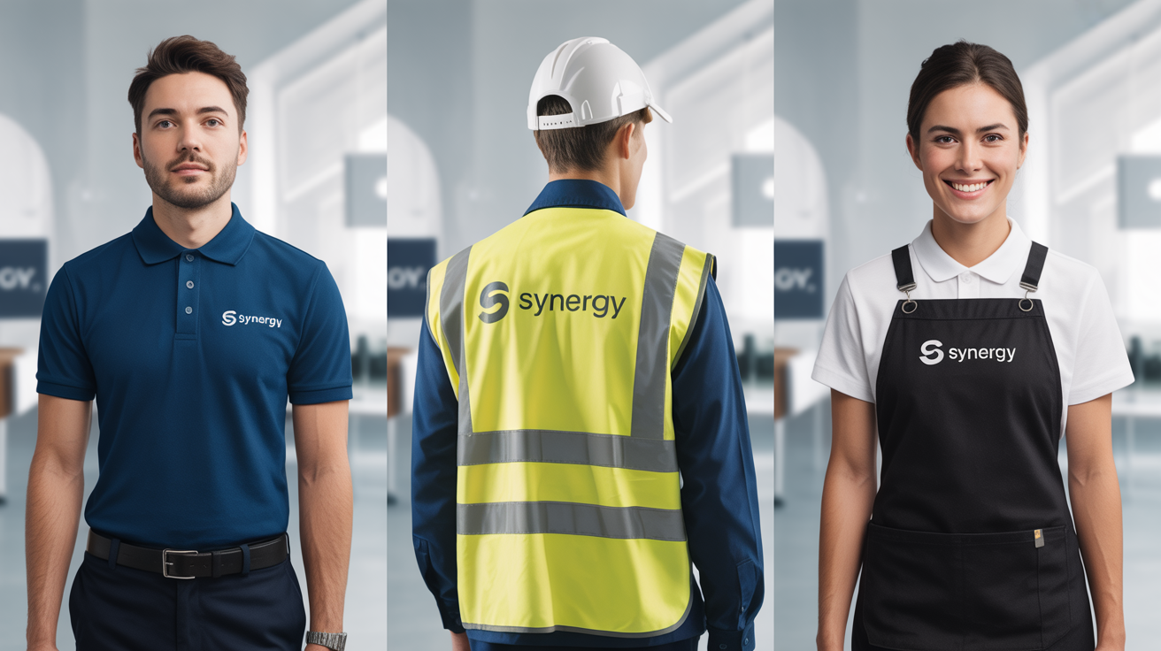 A composite hero image showing a consistent modern logo for the brand "Synergy" applied across three different professional uniforms: an embroidered logo on a corporate polo shirt, a printed logo on a safety vest, and an embroidered logo on a barista's apron.