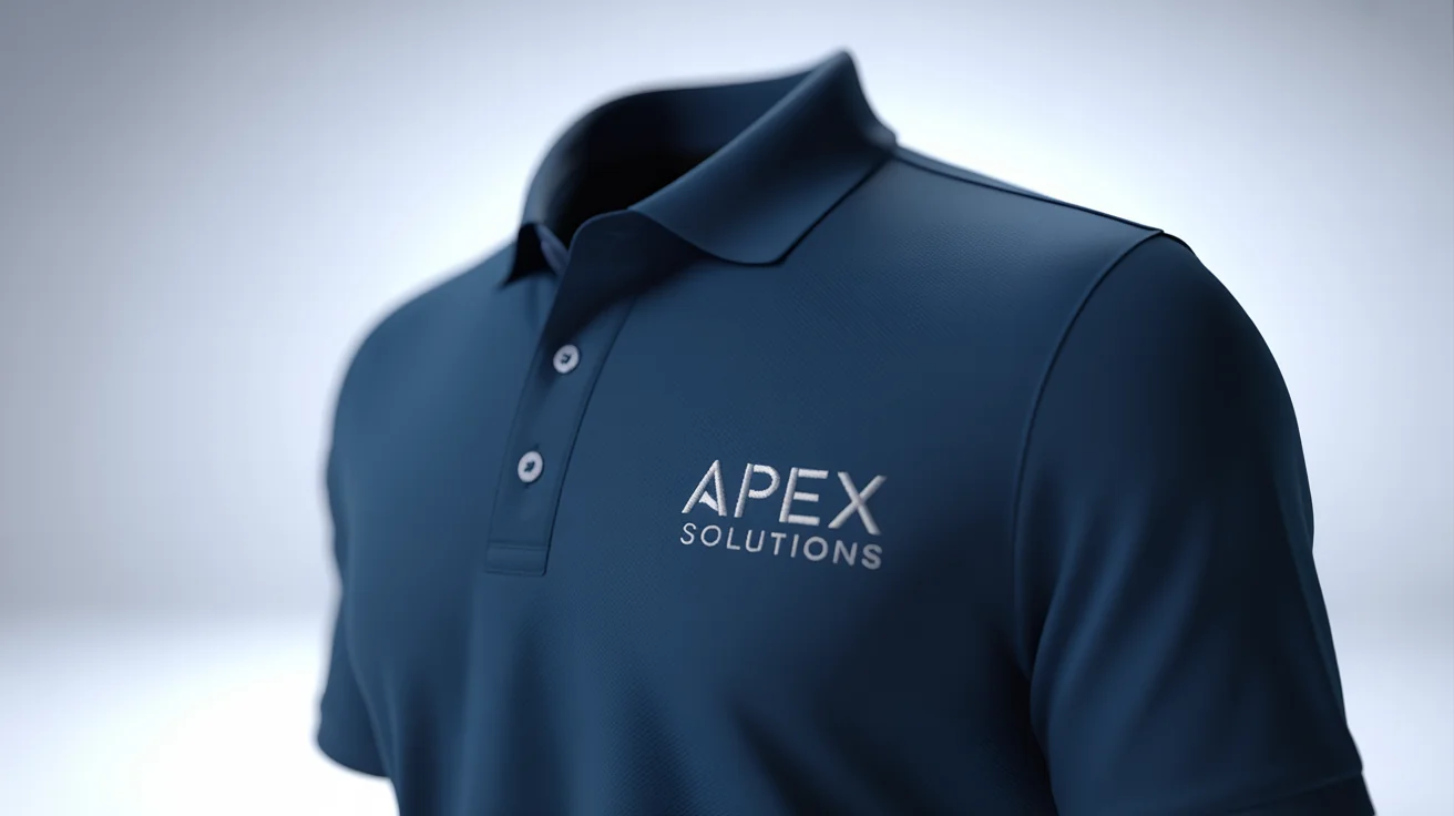 A close-up of a professional navy blue polo shirt with the 'Apex Solutions' company logo embroidered on the chest, set against a clean white background.