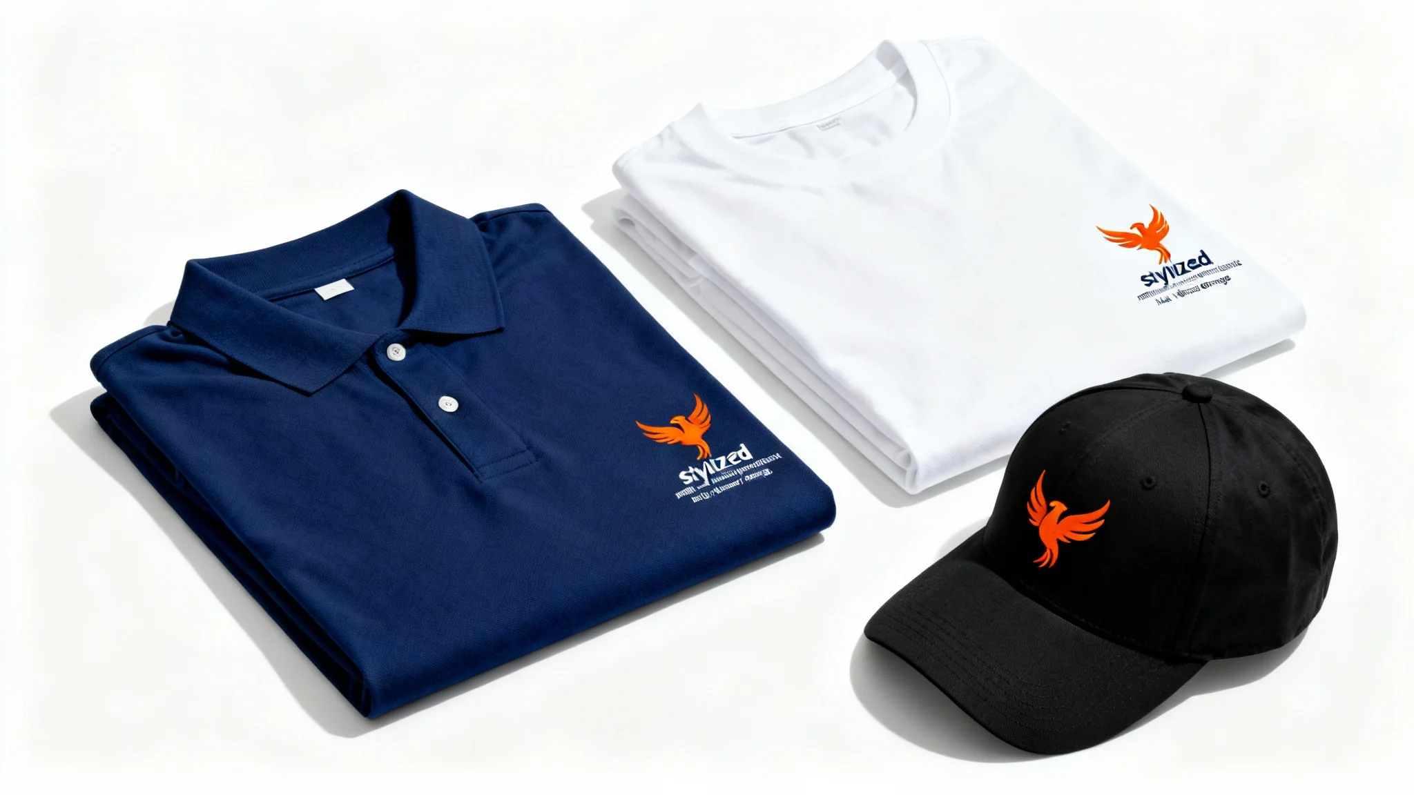 A collection of professional uniforms, a blue polo, a white t-shirt, and a black cap, all displaying the same embroidered orange phoenix logo, arranged neatly on a white background.