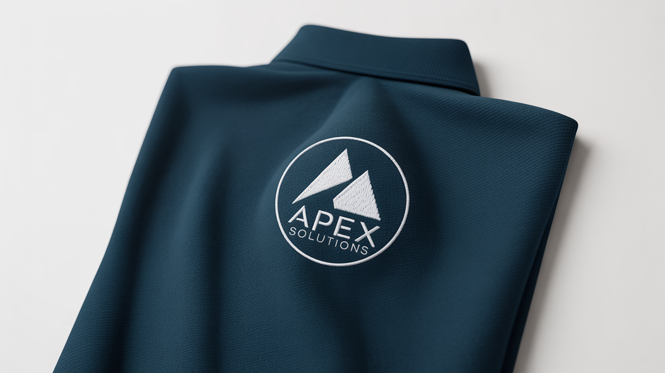 A close-up of a dark navy blue polo shirt with a high-quality embroidered logo for a fictional company, 'Apex Solutions', showcasing a professional uniform logo.