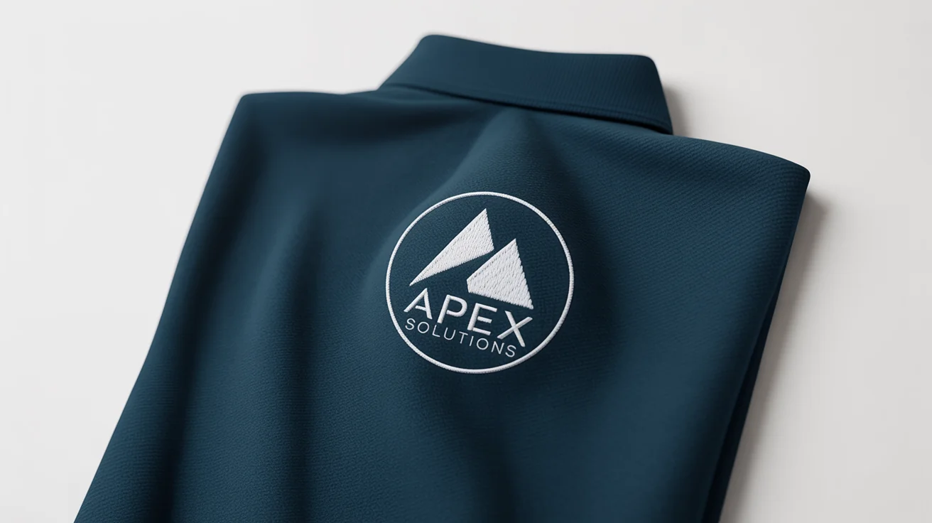A close-up of a dark navy blue polo shirt with a high-quality embroidered logo for a fictional company, 'Apex Solutions', showcasing a professional uniform logo.