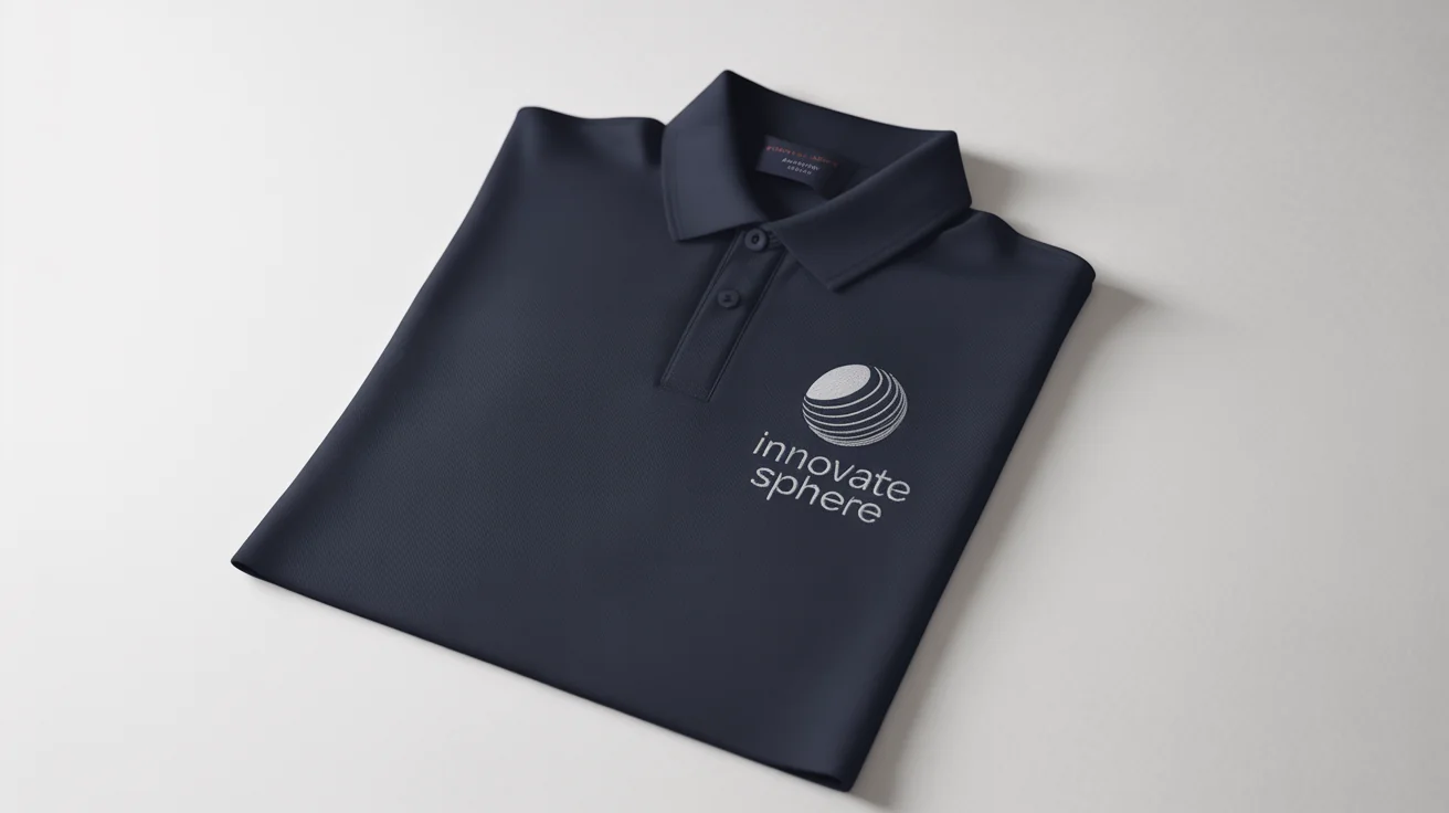 A close-up of a navy blue polo shirt with an embroidered logo for the fictional company 'Innovate Sphere' on the chest, set against a white background.