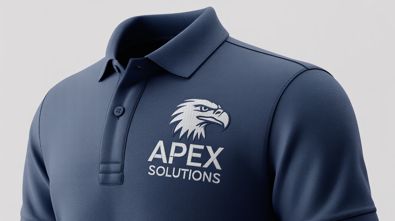 A close-up of a professional navy blue polo shirt uniform with an embroidered logo for 'Apex Solutions' on the chest.