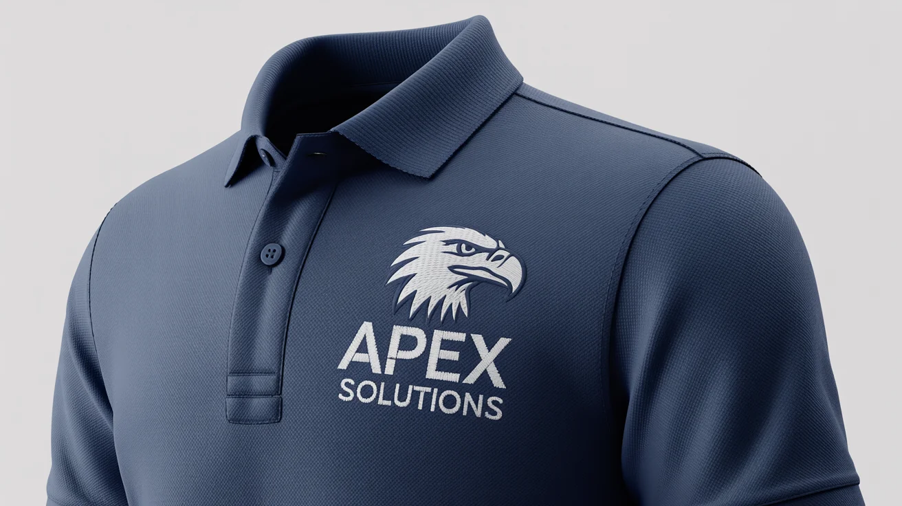 A close-up of a professional navy blue polo shirt uniform with an embroidered logo for 'Apex Solutions' on the chest.