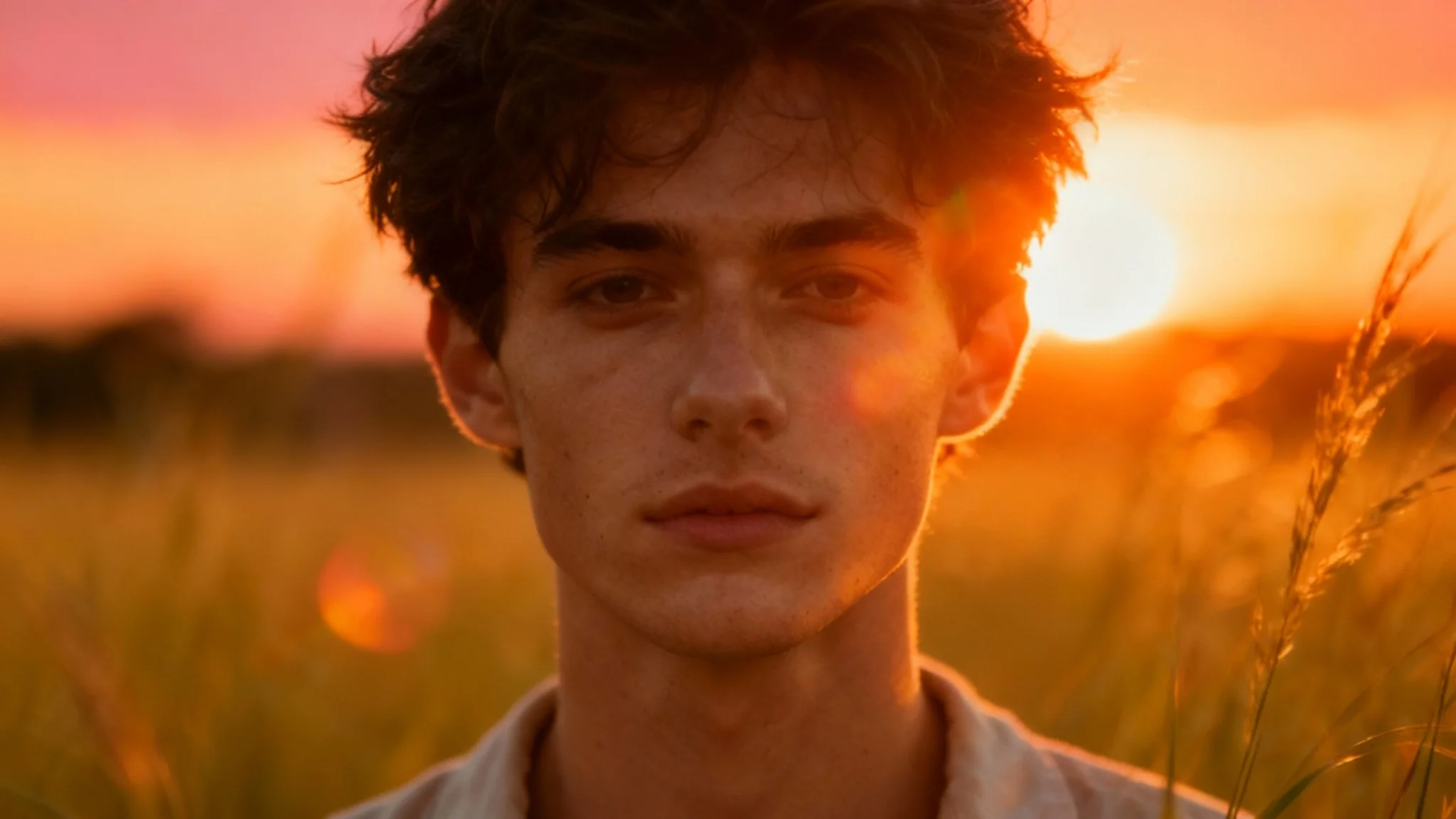 A professionally enhanced close-up portrait of a young man in a field, bathed in the warm, dramatic light of a golden hour sunset, showcasing the final result of a photo editing tool.