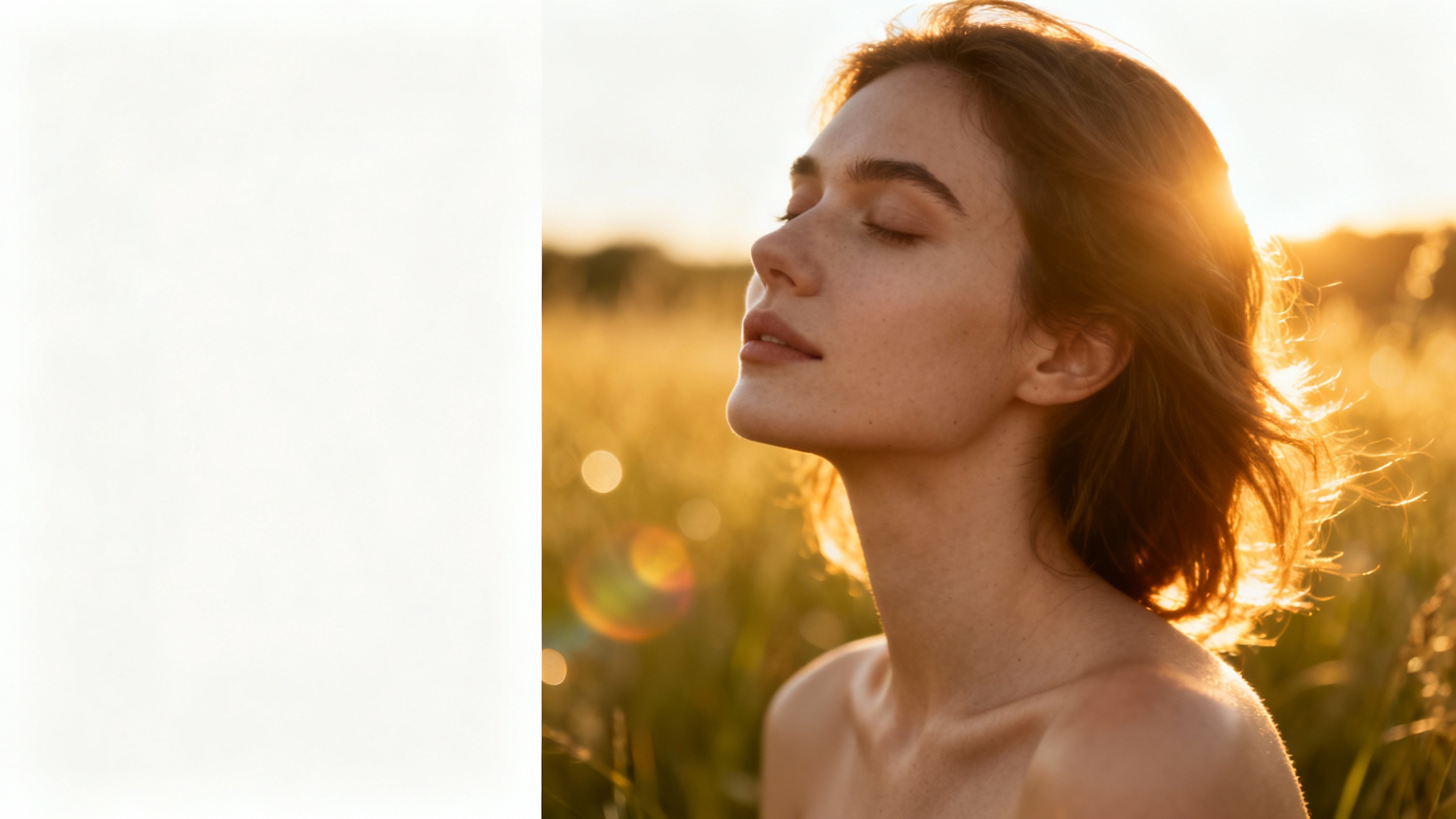 A beautiful golden hour portrait of a woman with warm sunlight creating a rim light effect, set against a dreamy, blurred meadow background, presented as a mockup on a white background.