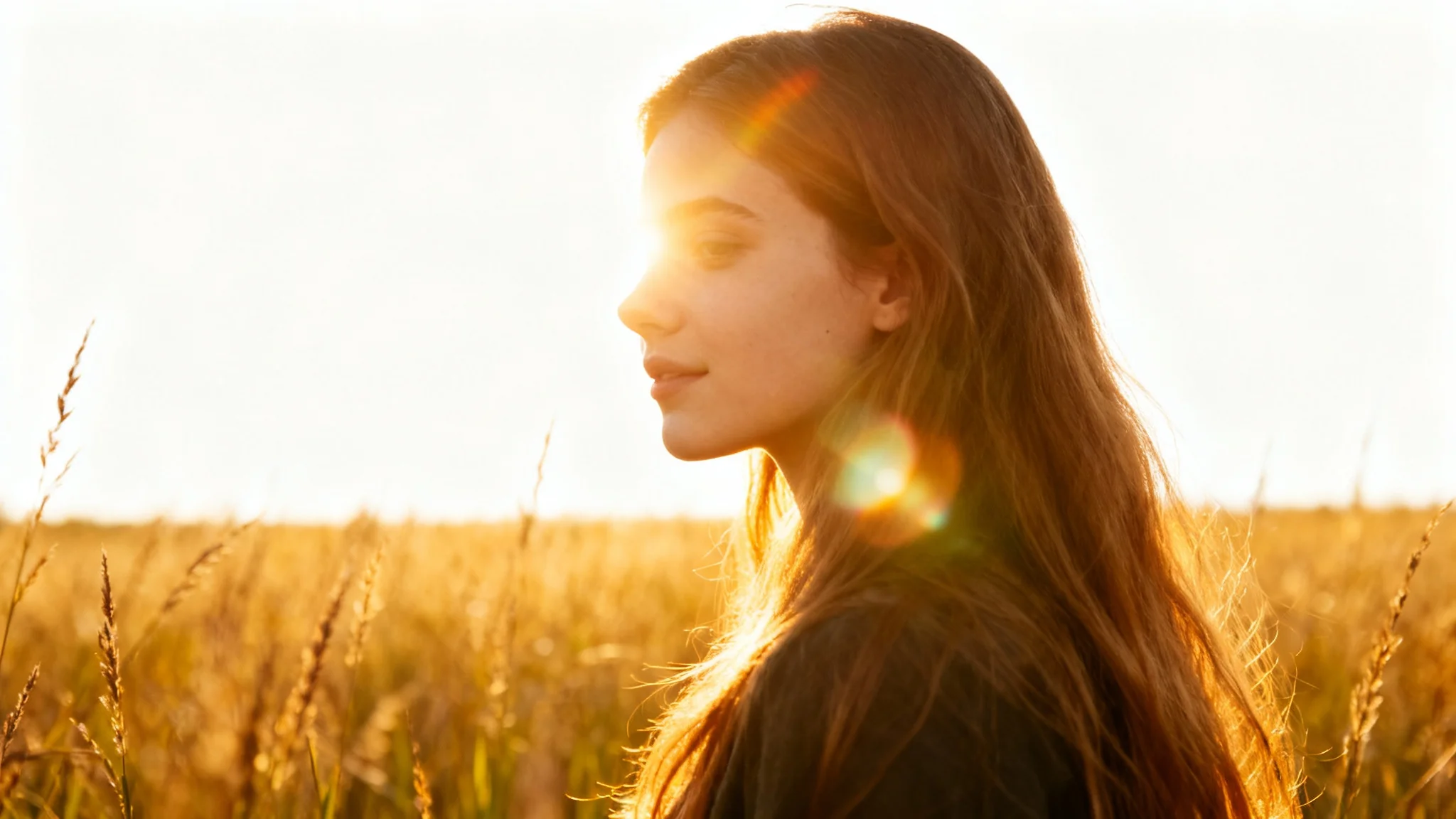 A serene portrait of a young woman with her hair illuminated by the warm light of the setting sun during golden hour, set against a blurred field background.