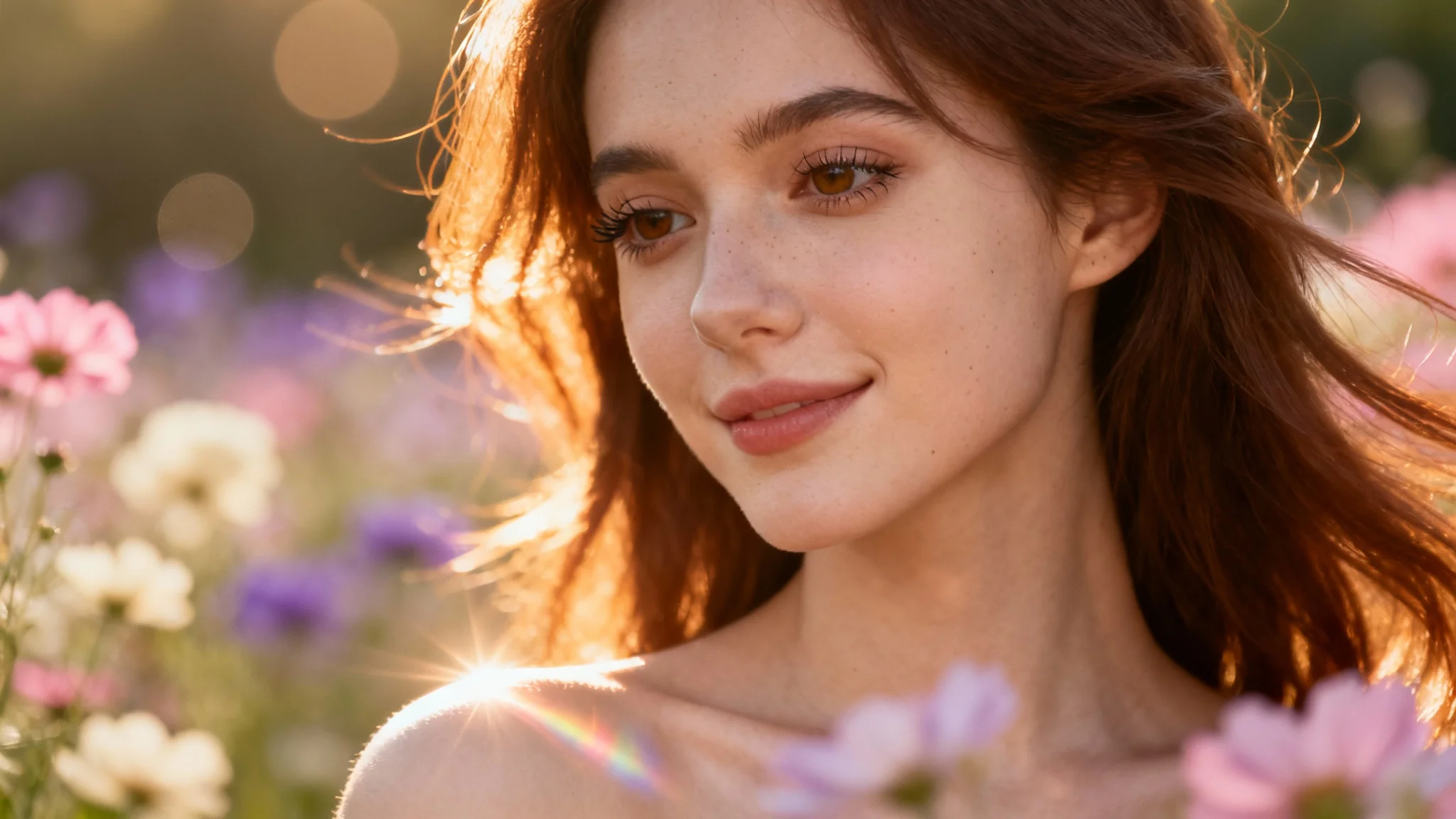 A photorealistic portrait of a woman bathed in the warm light of the golden hour, standing in a dreamy field of wildflowers.