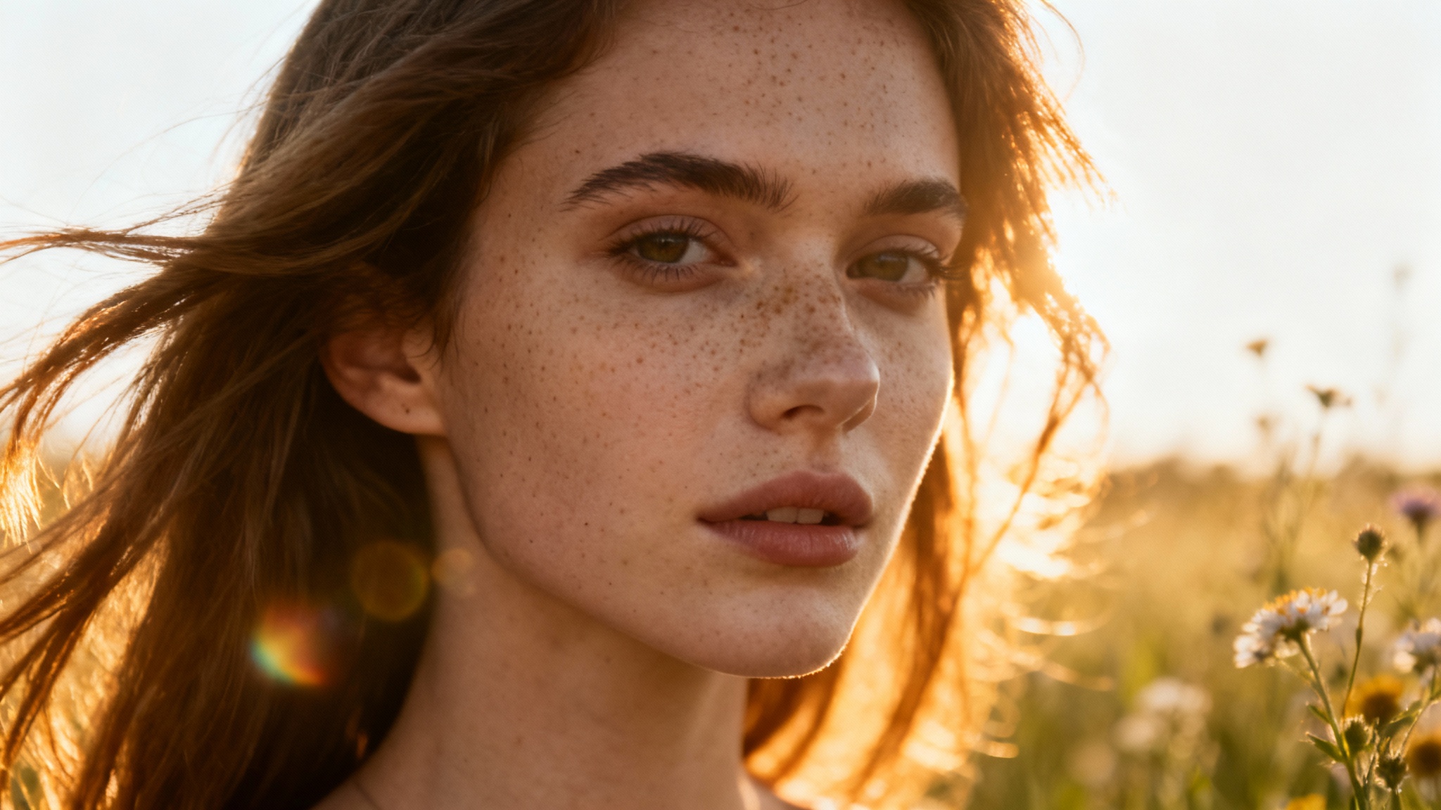 A stunning close-up portrait of a woman during golden hour, with the warm sun highlighting her features and creating a dreamy, atmospheric glow.