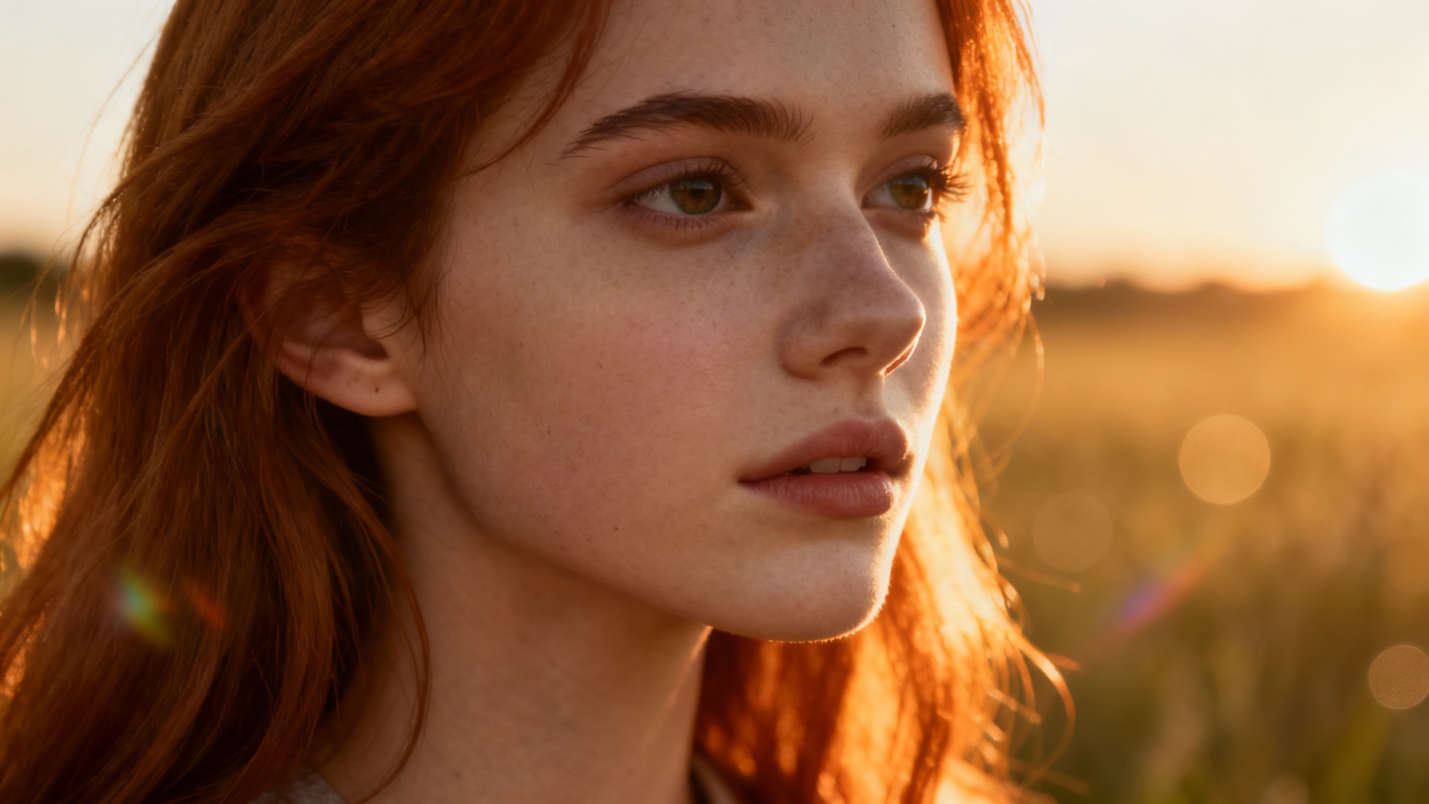 A stunning, photorealistic close-up portrait of a woman bathed in the warm, glowing light of the golden hour, with a soft-focus field in the background, creating a serene and cinematic feel.