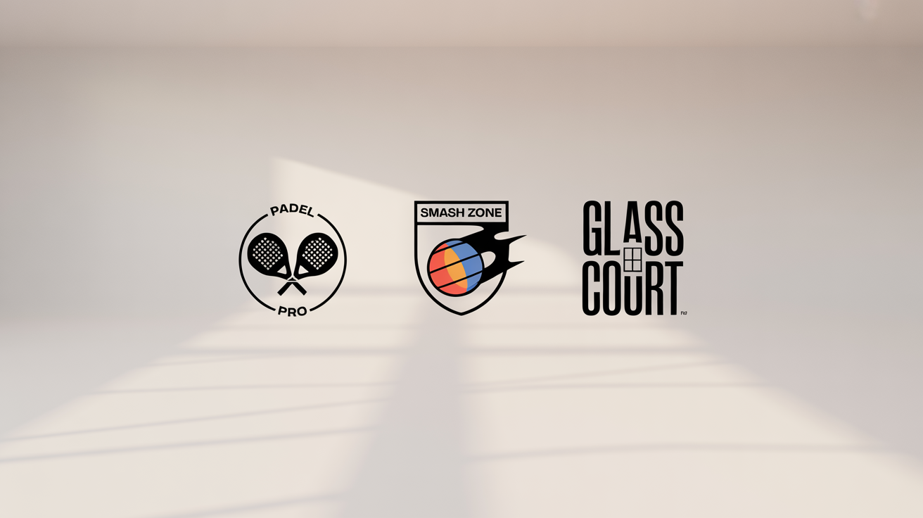 A showcase of three professionally designed padel logos on a clean background, demonstrating the final output of a logo generator. The logos feature padel rackets, balls, and fictional brand names.